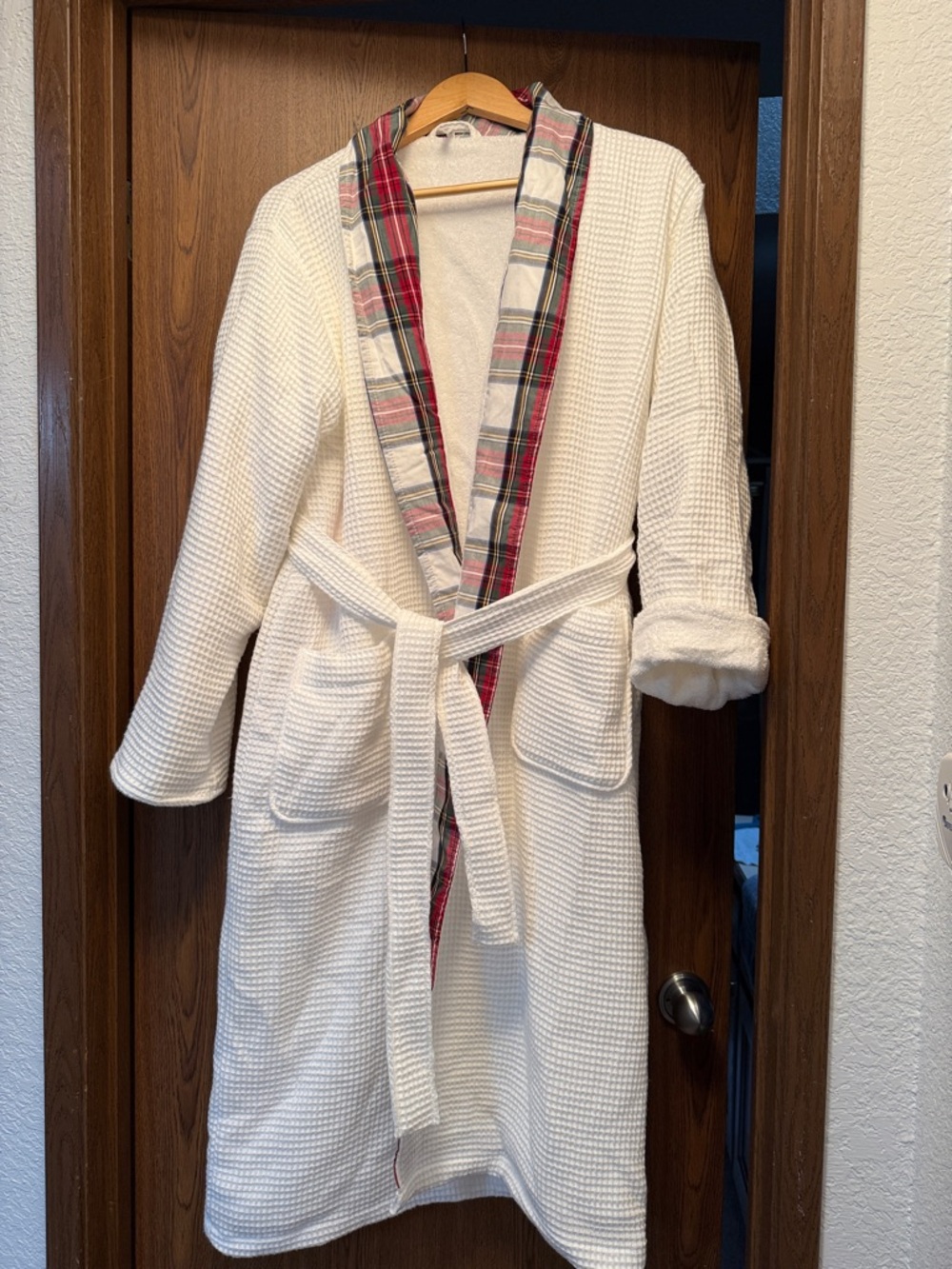 Cream Waffle-Knit Robe with Red Plaid Trim